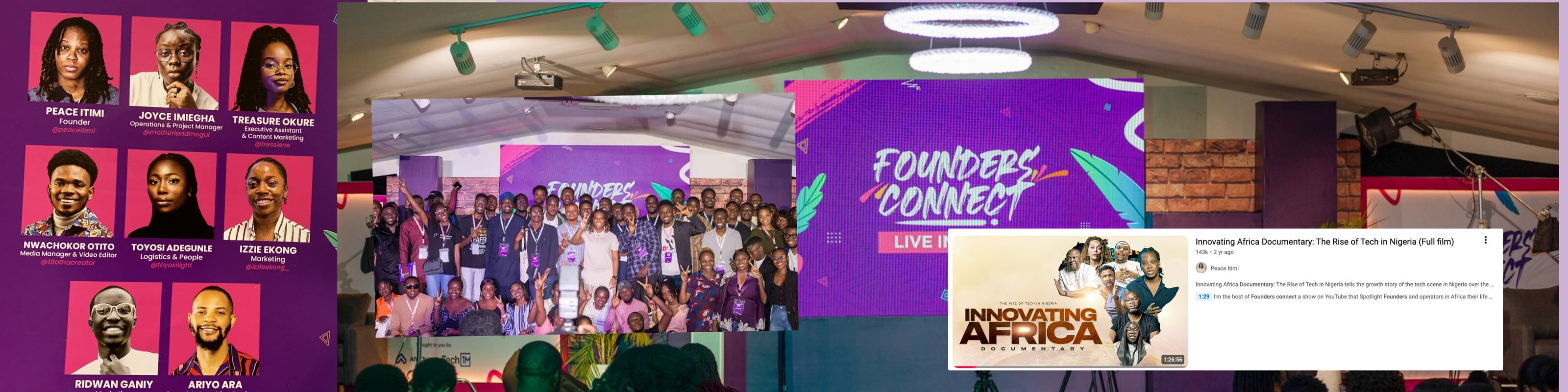 Founders Connect speaker cards, the live stage and audience, and the Innovating Africa documentary on YouTube