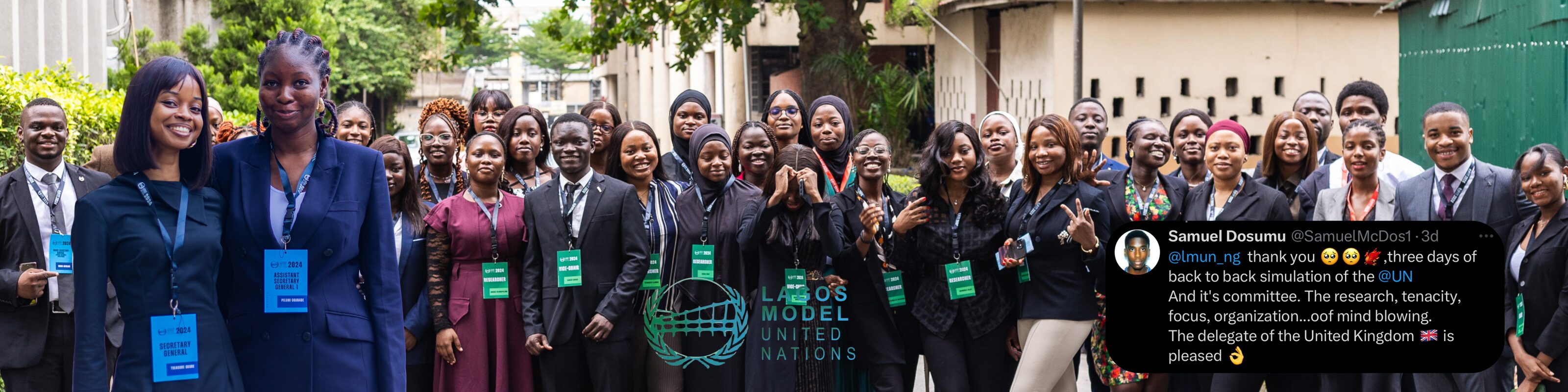 Delegates and staff at Lagos Model United Nations, the LMUN globe mark, and a delegate's thank-you tweet
