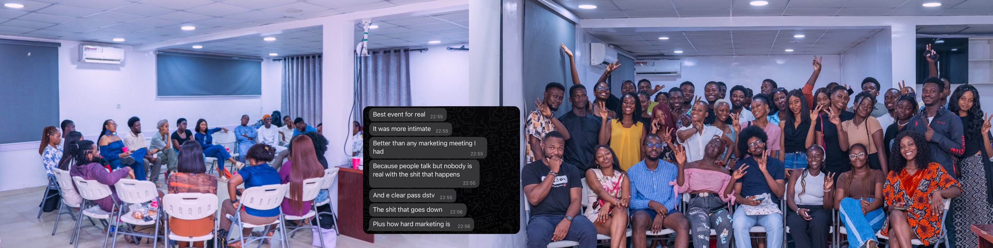 A Marketers Therapy session in progress, the group afterwards, and WhatsApp messages from people who attended