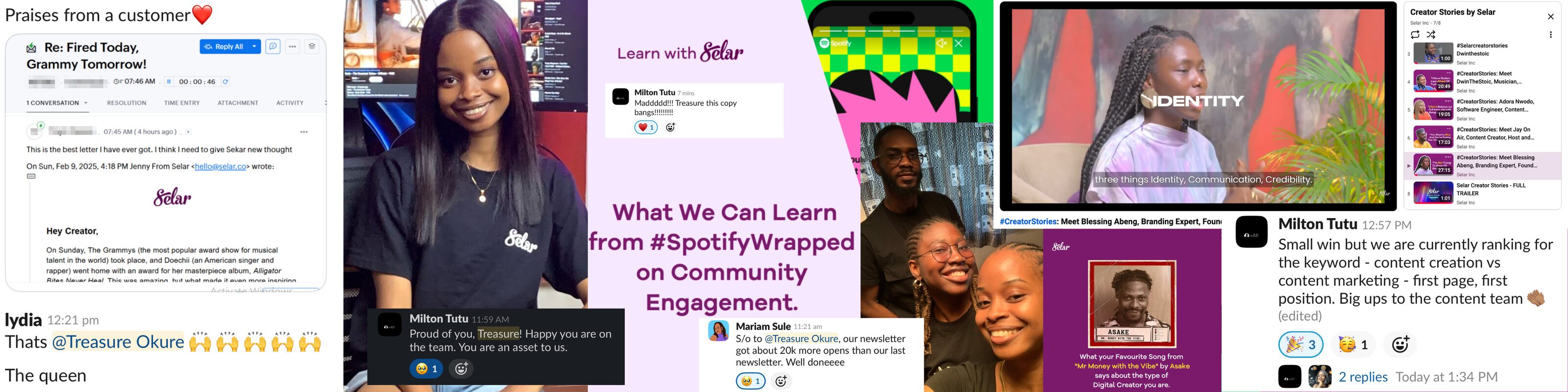 A customer's thank-you email, Learn with Selar posts, Creator Stories episodes, and a message about ranking first for a target keyword