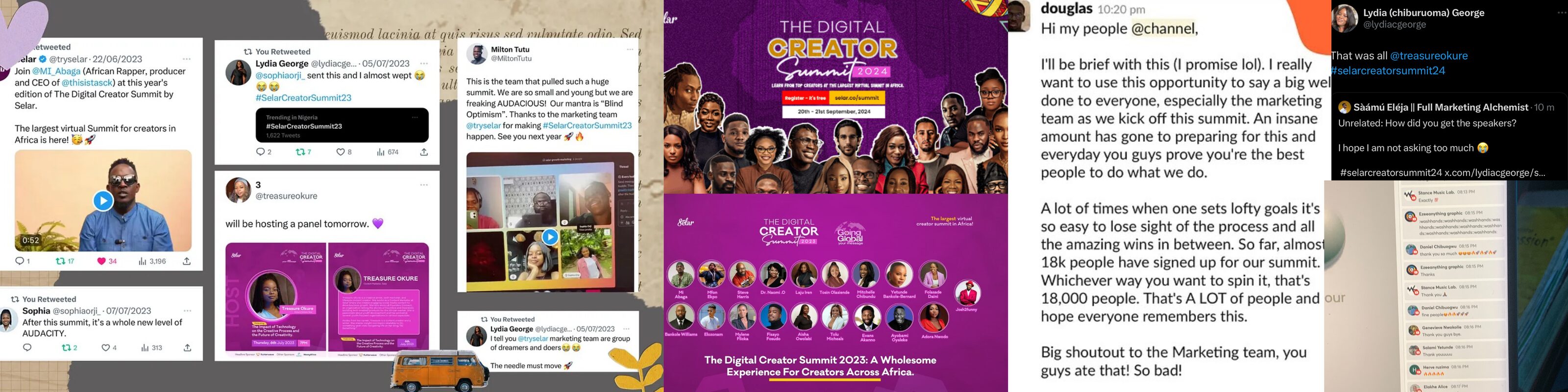 Digital Creator Summit promotion, the speaker line-up, team posts, and a message about eighteen thousand sign-ups