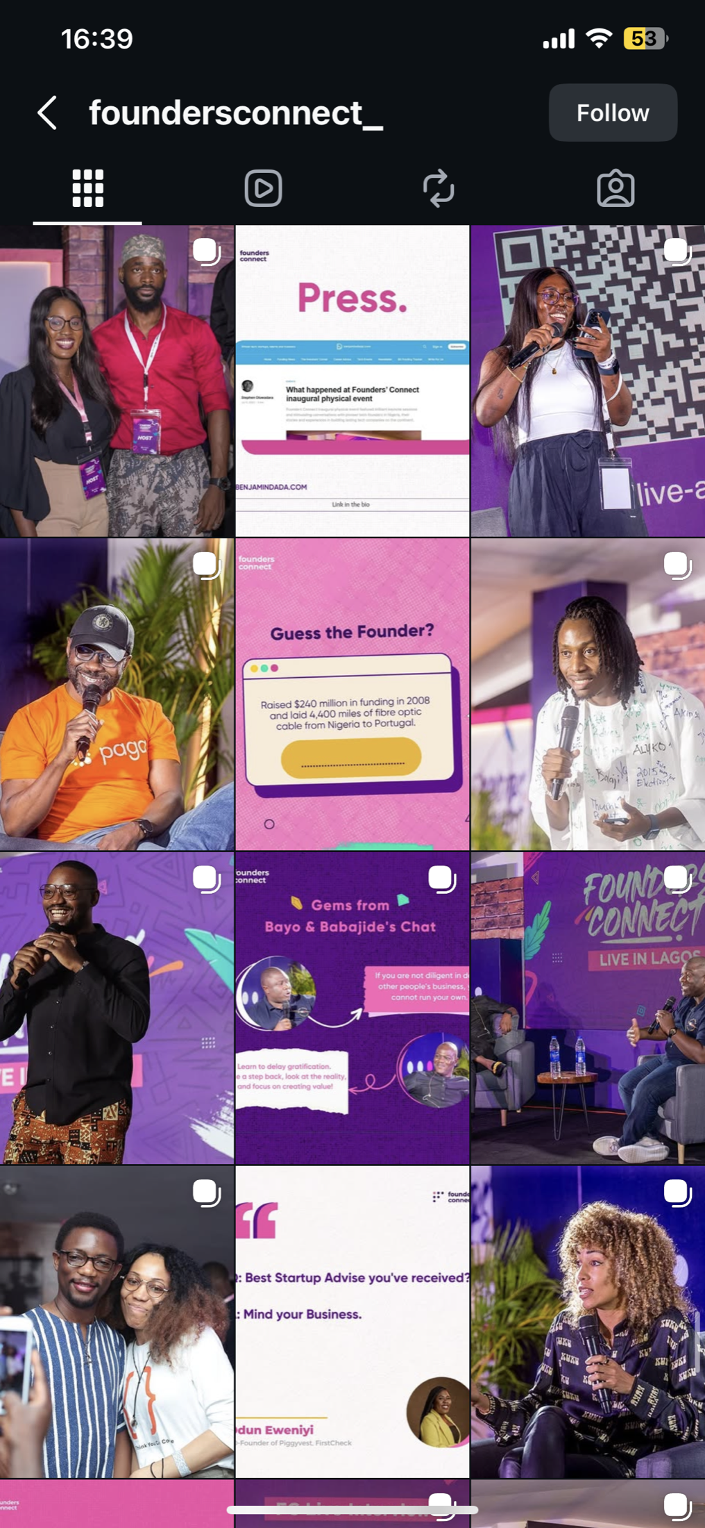 Founders Connect Instagram feed after the redesign