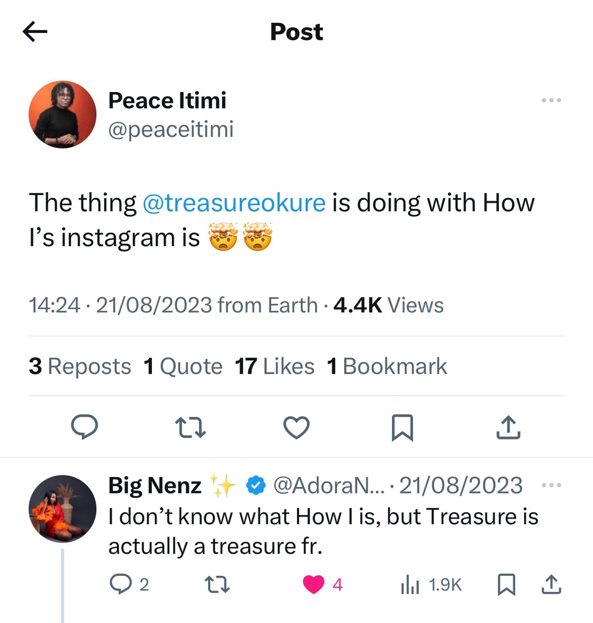 Peace Itimi's post praising the HOW I Instagram work