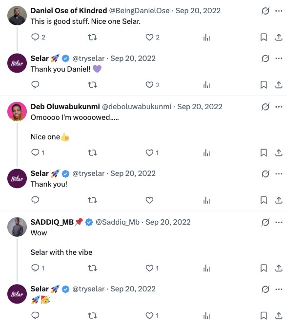 Replies to the thread: Daniel Ose of Kindred writes 'This is good stuff. Nice one Selar', Deb Oluwabukunmi writes 'Omoooo I'm woooowed', SADDIQ_MB writes 'Selar with the vibe' — each answered by the Selar account