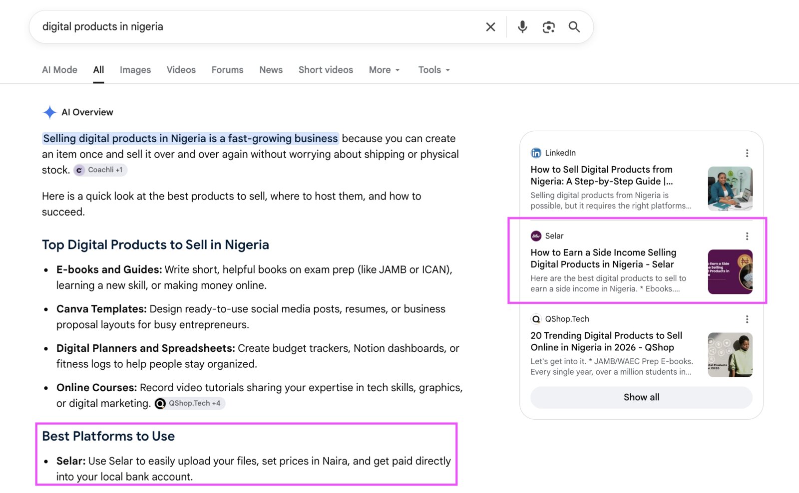 Google results for 'digital products in nigeria': Selar's guide cited among the AI Overview's sources, and Selar named first under Best Platforms to Use